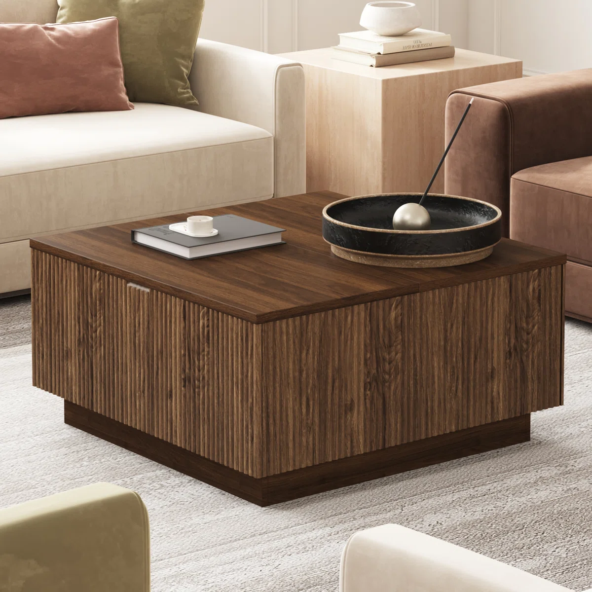 31-Inch Farmhouse Lift Top Square Coffee Center Table With Hidden Storage Compartment And Fluted Wood Board For Living Room, Apartment, Small Space - Image 2
