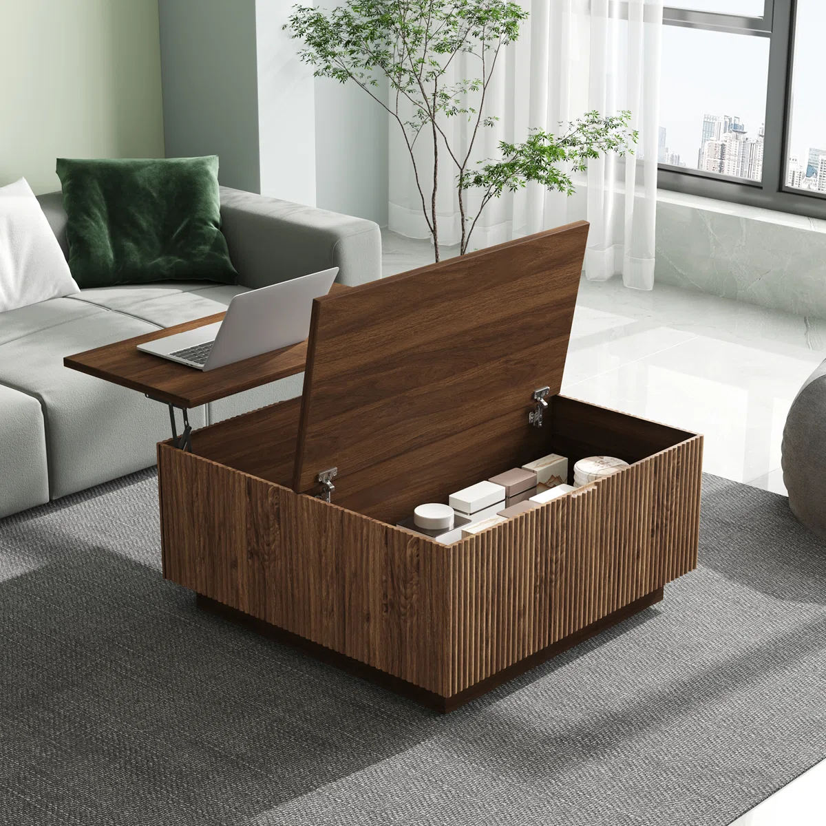 31-Inch Farmhouse Lift Top Square Coffee Center Table With Hidden Storage Compartment And Fluted Wood Board For Living Room, Apartment, Small Space - Image 4