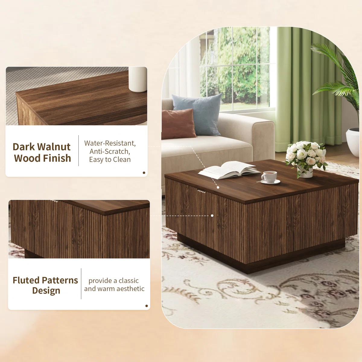 31-Inch Farmhouse Lift Top Square Coffee Center Table With Hidden Storage Compartment And Fluted Wood Board For Living Room, Apartment, Small Space - Image 5