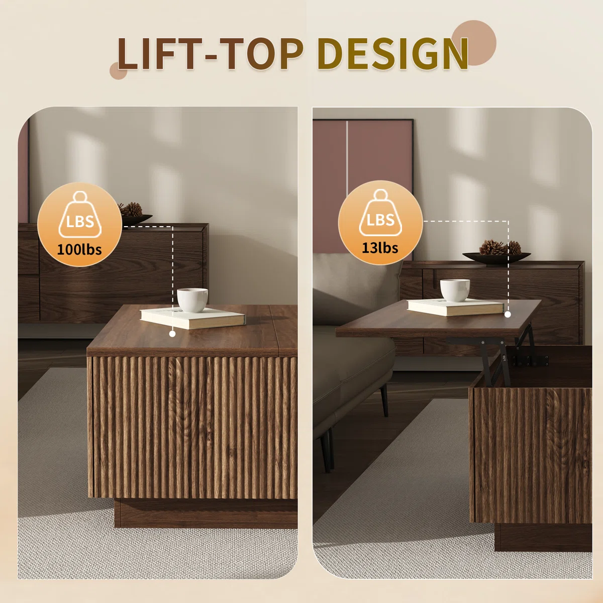 31-Inch Farmhouse Lift Top Square Coffee Center Table With Hidden Storage Compartment And Fluted Wood Board For Living Room, Apartment, Small Space - Image 6